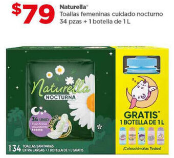 Bodega Aurrerá Naturella Toallas femeninas cuidado nocturno 34 pzas + 1 botella de 1 L oferta