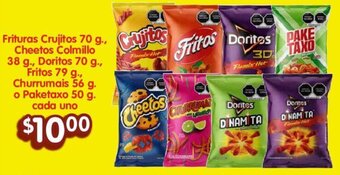 Soriana Híper Frituras Crujitos 70 g., Cheetos Colmillo 38 g., Doritos 70 g., Fritos 79 g., Churrumais 56 g. o Paketaxo 50 g. cada uno oferta