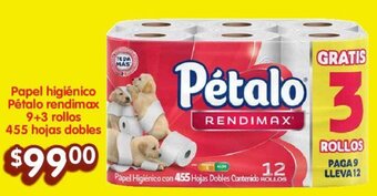Papel higiénico Pétalo rendimax 9+3 rollos 455 hojas dobles