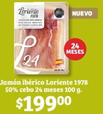 Soriana Híper Jamón ibérico Loriente 1978 50% cebo 24 meses 100 g. oferta