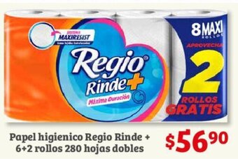 Soriana Híper Papel higienico Regio Rinde + 6+2 rollos 280 hojas dobles oferta