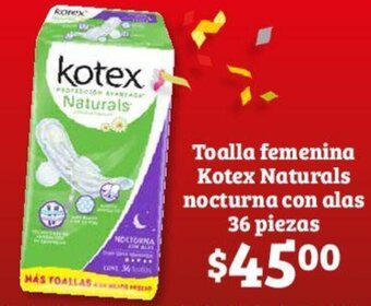 Soriana Híper Toalla femenina Kotex Naturals nocturna con alas 36 piezas oferta