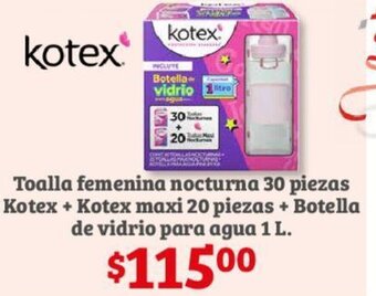 Soriana Híper Toalla femenina nocturna 30 piezas Kotex + Kotex maxi 20 piezas + Botella de vidrio para agua 1 L. oferta