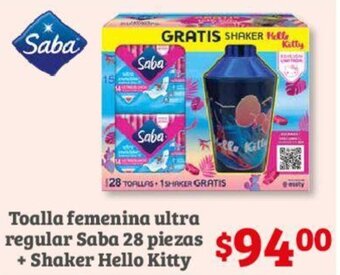 Soriana Híper Toalla femenina ultra regular Saba 28 piezas + Shaker Hello Kitty oferta