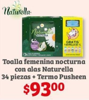 Soriana Híper Toalla femenina nocturna con alas Naturella 34 piezas+ Termo Pusheen oferta