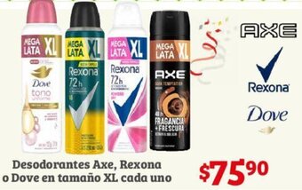 Desodorantes Axe, Rexona o Dove en tamaño XL cada uno