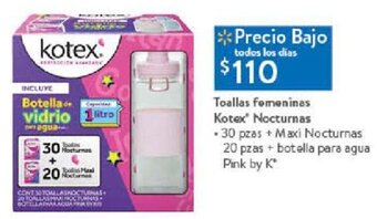Walmart Toallas femeninas Kotex Nocturnas 30 pzas oferta
