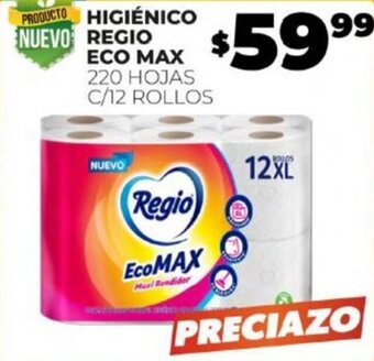 HIGIÉNICO REGIO ECO MAX 220 HOJAS C/12 ROLLOS