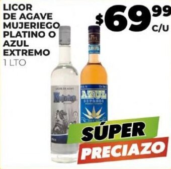 Merco LICOR DE AGAVE MUJERIEGO PLATINO O AZUL EXTREMO 1 LT oferta