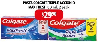 Farmacias Guadalajara PASTA COLGATE TRIPLE ACCIÓN O MAX FRESH 80 ml 2 pack oferta