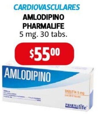 Farmacias Guadalajara CARDIOVASCULARES AMLODIPINO PHARMALIFE 5 mg. 30 tabs. oferta