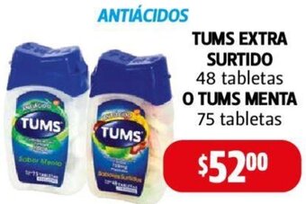 Farmacias Guadalajara ANTIÁCIDOS TUMS EXTRA SURTIDO 48 tabletas O TUMS MENTA 75 tabletas oferta