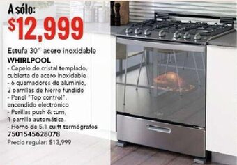 WHIRLPOOL Estufa 30" acero inoxidable