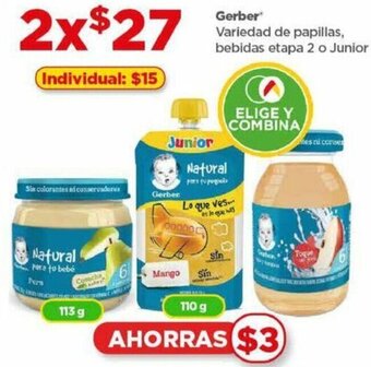 Bodega Aurrerá Gerber Variedad de papillas, bebidas etapa 2 o Junior 113g, 110g oferta