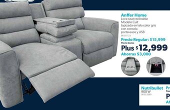 Sam's Club Anffer Home Love seat reclinable Modelo Cult tapizada en tela color gris con consola portavasos y USB oferta