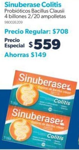 Sinuberase Colitis Probióticos Bacillus Clausii 4 billones 2/20 ampolletas