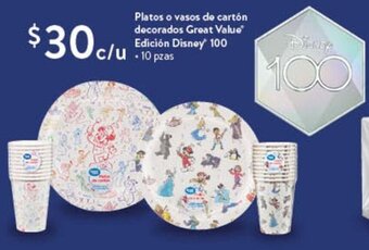 Walmart Platos o vasos de cartón decorados Great Value Edición Disney 100 10 pzas oferta