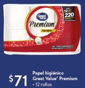 Walmart Papel higiénico Great Value Premium 12 rollos oferta