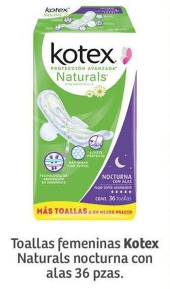 Toallas femeninas Kotex Naturals nocturna con alas 36 pzas