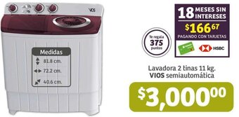 Soriana Mercado Lavadora 2 tinas 11 kg VIOS semiautomática oferta