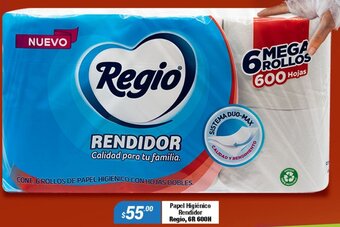 Papel Higiénico Rendidor Regio, 6R 600H