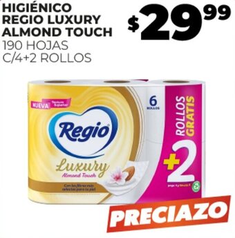 HIGIÉNICO REGIO LUXURY ALMOND TOUCH 190 HOJAS C/4+2 ROLLOS