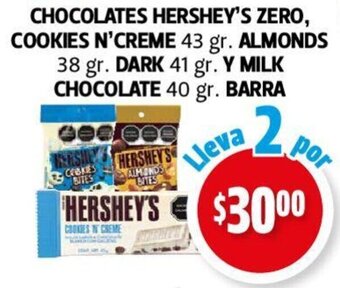 Farmacias Guadalajara CHOCOLATES HERSHEY'S ZERO, COOKIES N'CREME 43 gr. ALMONDS 38 gr. DARK 41 gr. Y MILK CHOCOLATE 40 gr. BARRA Lleva 2 por oferta