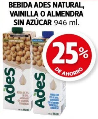 BEBIDA ADES NATURAL, VAINILLA O ALMENDRA SIN AZÚCAR 946 ml.