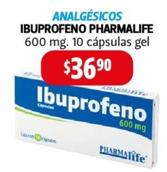 Farmacias Guadalajara IBUPROFENO PHARMALIFE 600 mg. 10 cápsulas gel oferta
