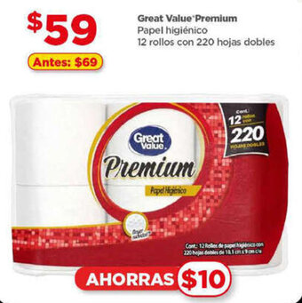 Bodega Aurrerá Great Value Premium Papel higiénico 12 rollos con 220 hojas dobles oferta
