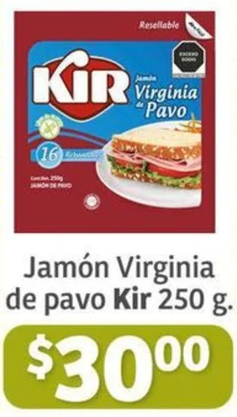 Soriana Híper Jamón Virginia de pavo Kir 250 g. oferta