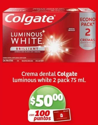 Soriana Híper Crema dental Colgate luminous white 2 pack 75 ml. oferta
