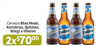Soriana Híper Cerveza Blue Moon, Karlsbrau, Quilmes, Stiegl u Obolon x 2 oferta