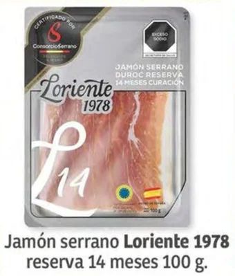 Soriana Híper Jamón serrano Loriente 1978 reserva 14 meses 100 g. oferta
