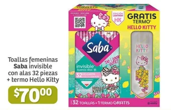 Toallas femeninas Saba invisible con alas 32 piezas + termo Hello Kitty