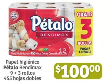 Soriana Híper Papel higiénico Pétalo Rendimax 9 + 3 rollos 455 hojas dobles oferta