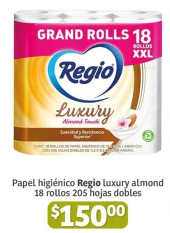 Soriana Híper Papel higiénico Regio luxury almond 18 rollos 205 hojas dobles oferta