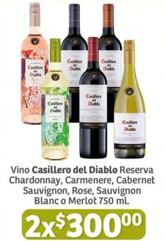 Vino Casillero del Diablo Reserva Chardonnay, Carmenere, Cabernet Sauvignon, Rose, Sauvignon Blanc o Merlot 750 ml. x 2