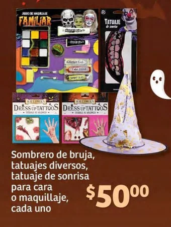 Sombrero de bruja, tatuajes diversos, tatuaje de sonrisa para cara o maquillaje, cada uno