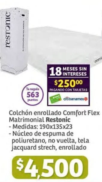 Soriana Híper Colchón enrollado Comfort Flex Matrimonial Restonic - Medidas: 190x135x23 oferta