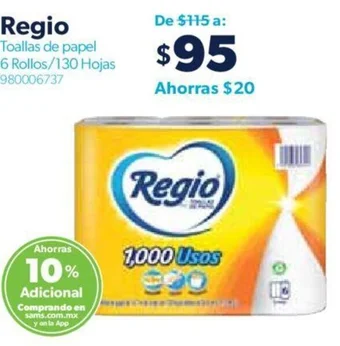 Sam's Club Regio Toallas de papel 6 Rollos/130 Hojas oferta