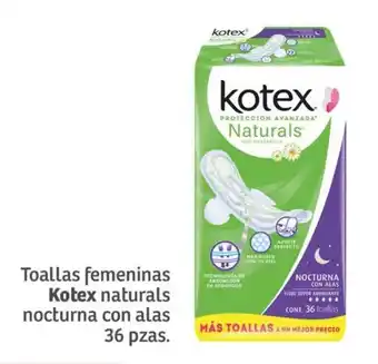 Toallas femeninas Kotex naturals nocturna con alas 36 pzas.