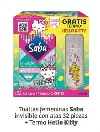 Toallas femeninas Saba invisible con alas 32 piezas + Termo Hello Kitty