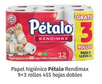 Soriana Mercado Papel higiénico Pétalo Rendimax 9+3 rollos 455 hojas dobles oferta