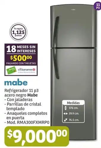 Soriana Mercado Refrigerador 11 p3 acero negro Mabe oferta
