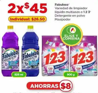 Bodega Aurrerá Fabuloso Variedad de limpiador líquido multiusos 828 ml o 1-2-3 Detergente en polvo Maxipoder 900 g x 2 oferta
