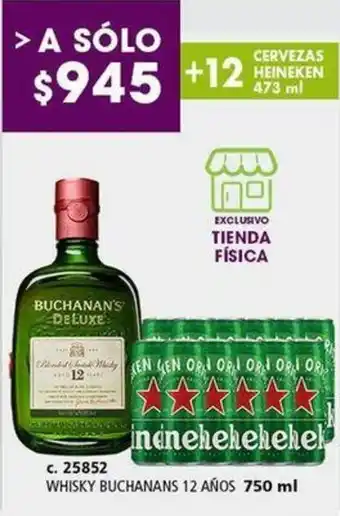 Bodegas Alianza WHISKY BUCHANANS 12 AÑOS 750 ml +12 CERVEZAS HEINEKEN 473 ml oferta