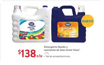 Walmart Detergente Liquido o Suavizante de Talas Great Value 7L oferta