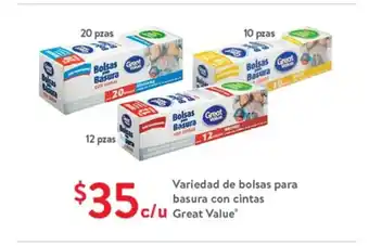 Walmart Variedad de bolsas para basura con Cintas Great Value oferta