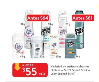 Walmart Variedad de antitranspirantes clinicos o Zero % Speed Stick o Lady Speeed Stick oferta